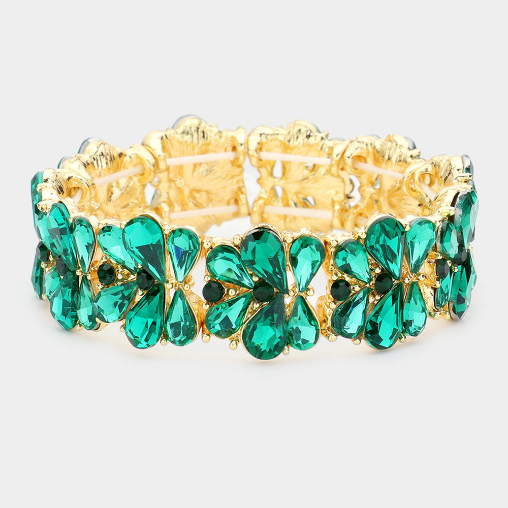 Emerald Crystal Teardrop Cluster Stretch Pageant Bracelet | Prom Bracelet