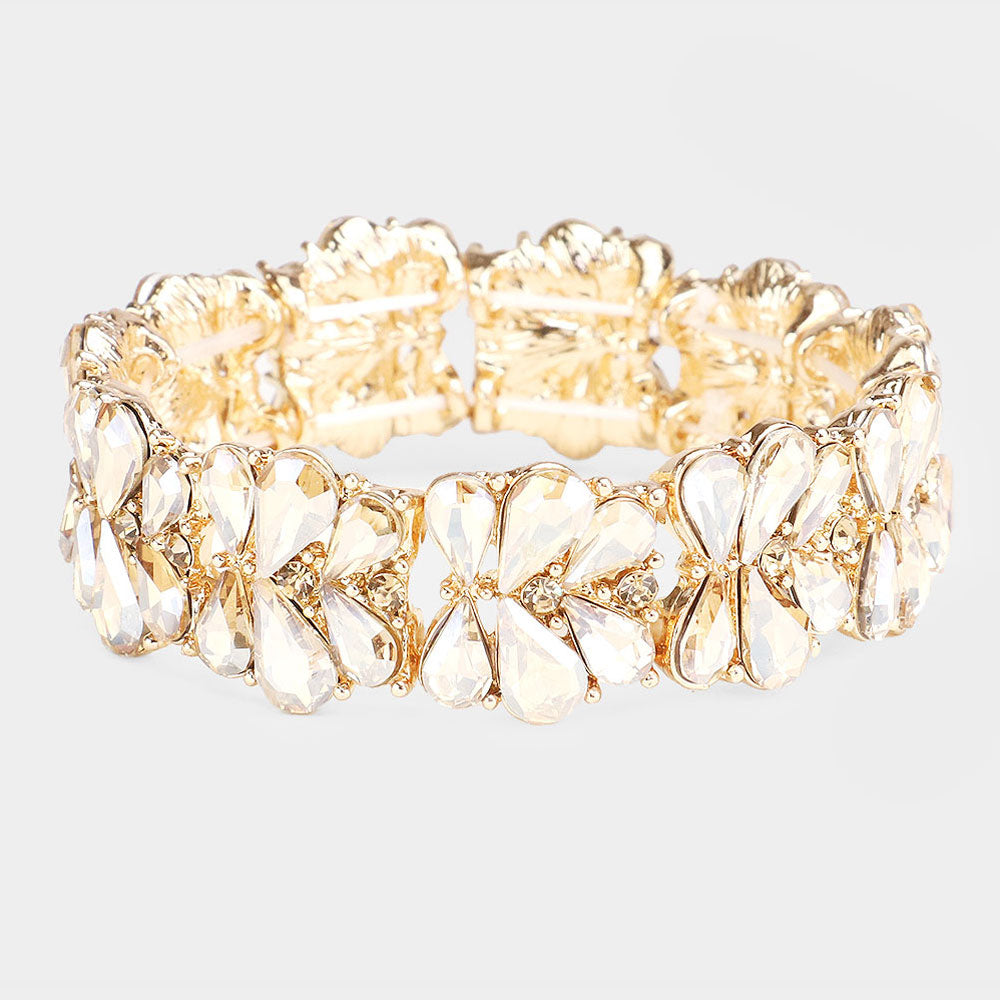 Topaz Crystal Teardrop Cluster Stretch Pageant Bracelet on Gold | Prom Bracelet