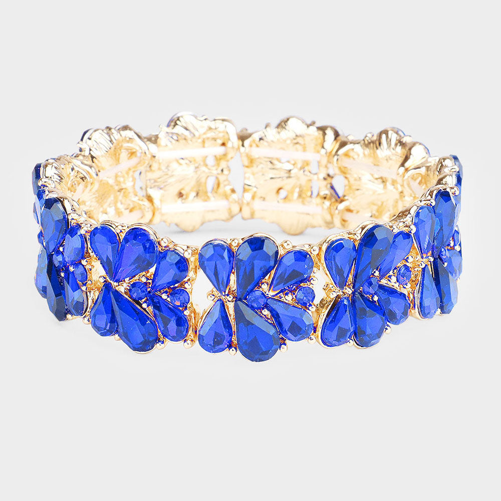 Sapphire Crystal Teardrop Cluster Stretch Pageant Bracelet on Gold | Prom Bracelet