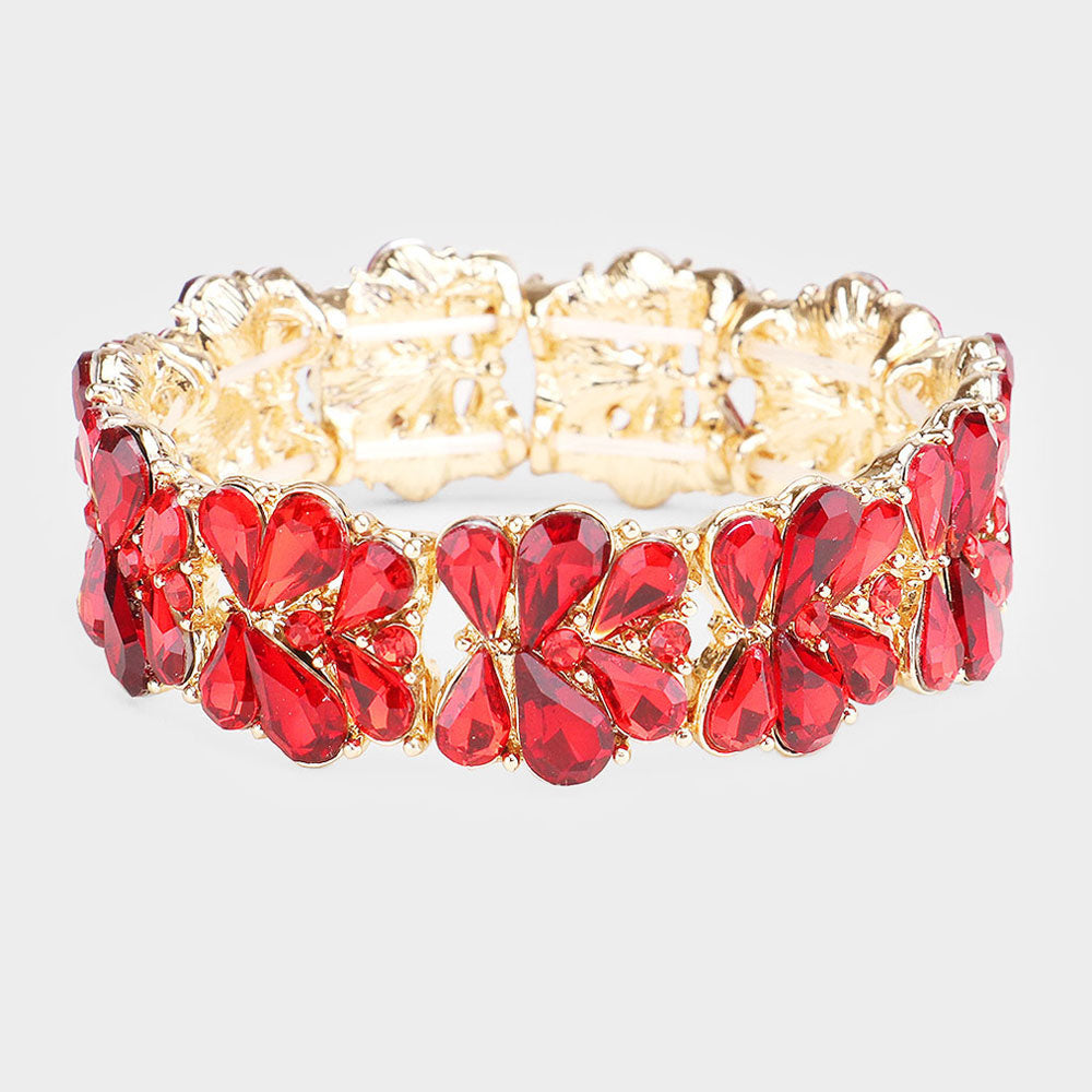 Dark Red Crystal Teardrop Cluster Stretch Pageant Bracelet on Gold | Prom Bracelet
