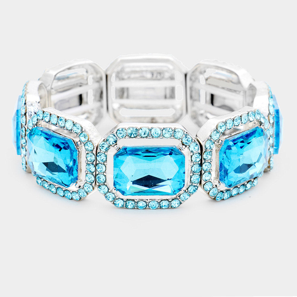 Rectangle Aqua Crystal and Rhinestone Stretch Bracelet