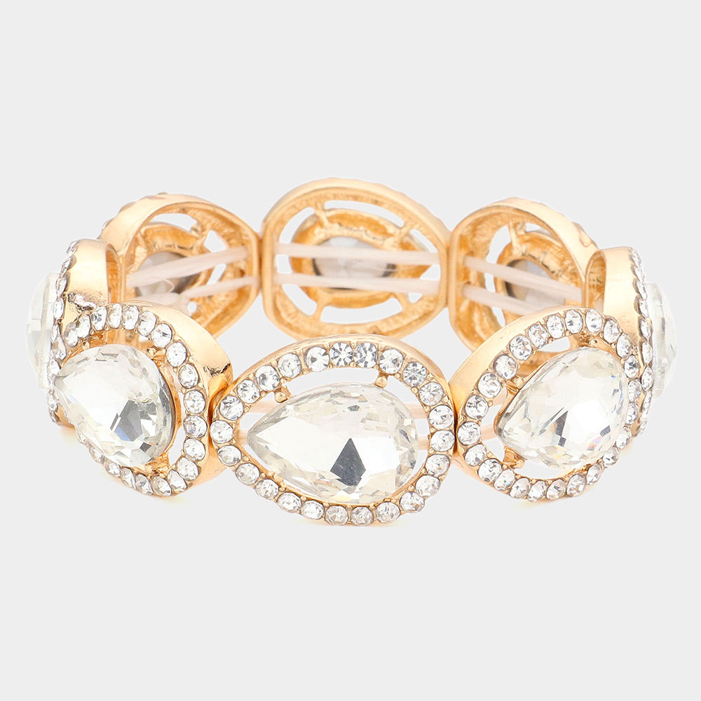 Clear Crystal Teardrop Stretch Pageant Bracelet on Gold | Prom Bracelet |  564905