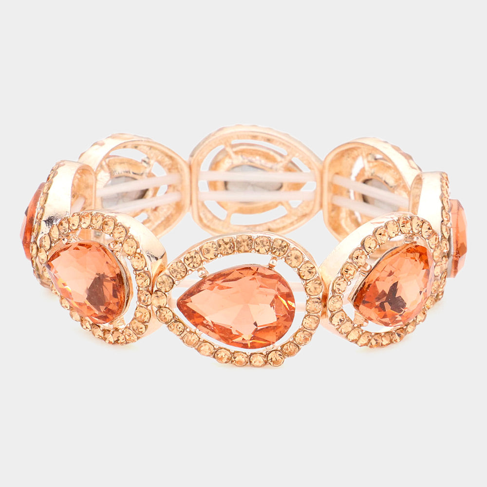 Peach Crystal Teardrop Stretch Pageant Bracelet | Prom Bracelet