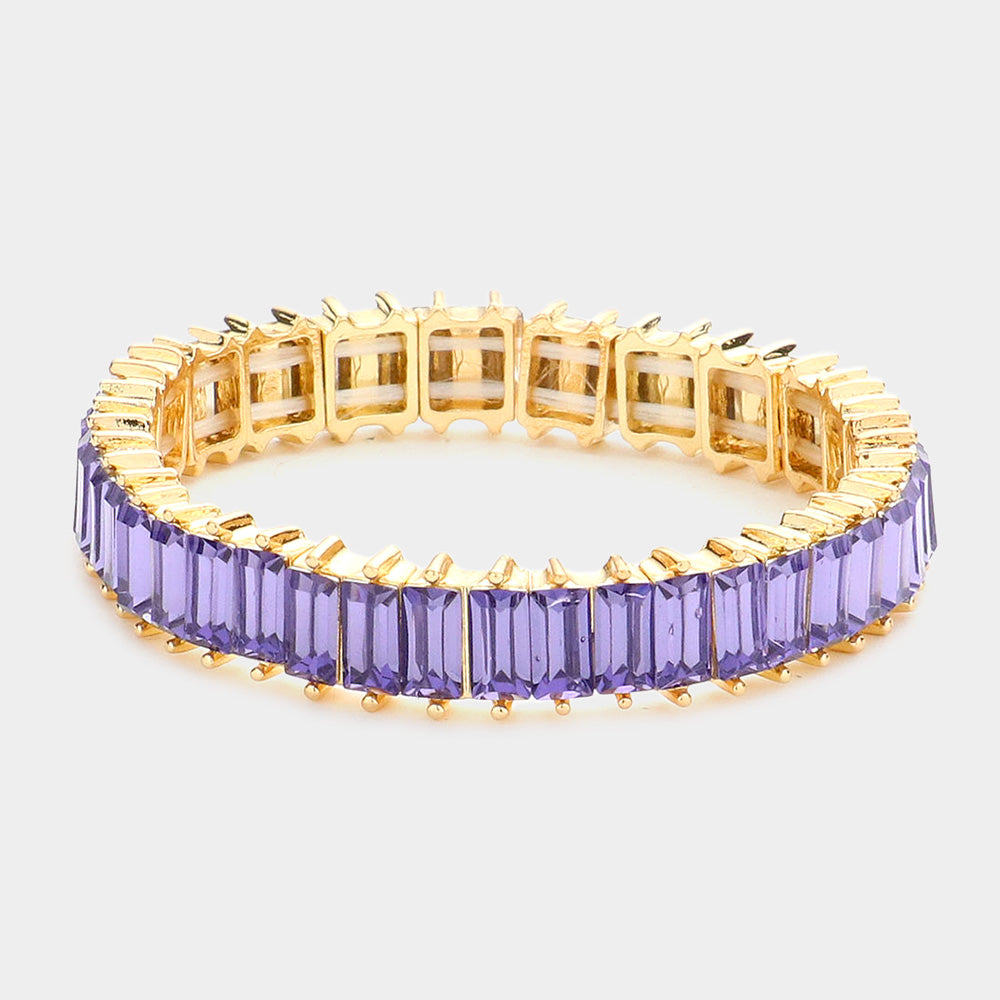 Rectangle Amethyst Crystal Stone Stretch Pageant Bracelet | Evening Bracelet