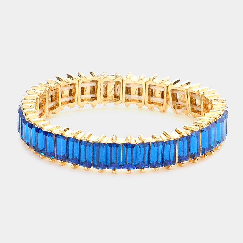 Rectangle Blue Crystal Stone Stretch Pageant Bracelet | Evening Bracelet