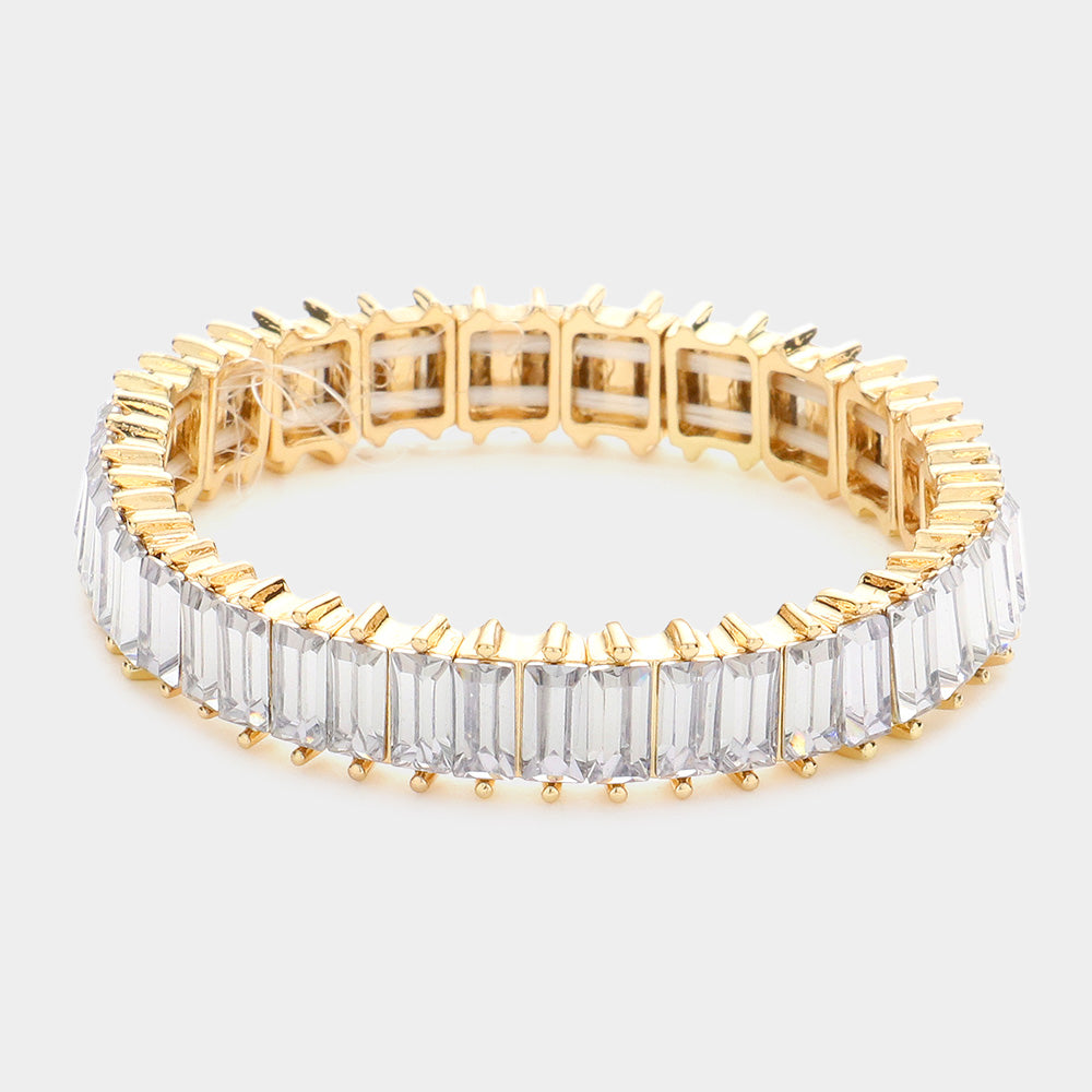 Rectangle Clear Crystal Stone Stretch Pageant Bracelet on Gold | Evening Bracelet