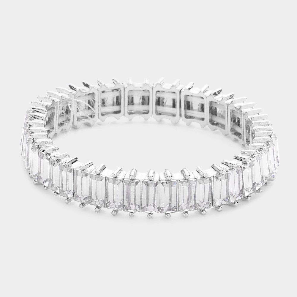 Rectangle Clear Crystal Stone Stretch Pageant Bracelet  | Evening Bracelet