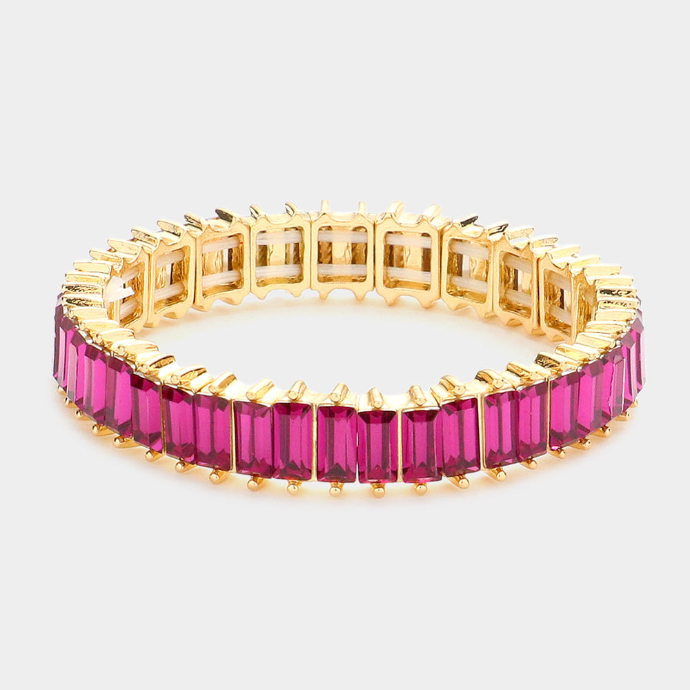 Rectangle Fuchsia Crystal Stone Stretch Pageant Bracelet | Evening Bracelet