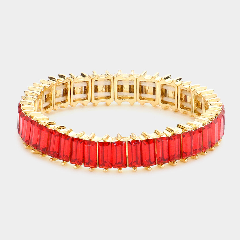 Rectangle Red Crystal Stone Stretch Pageant Bracelet | Evening Bracelet