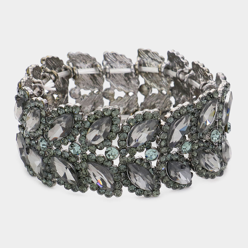 Black Diamond Crystal Marquise Stone Stretch Pageant Bracelet  | Large Bracelet