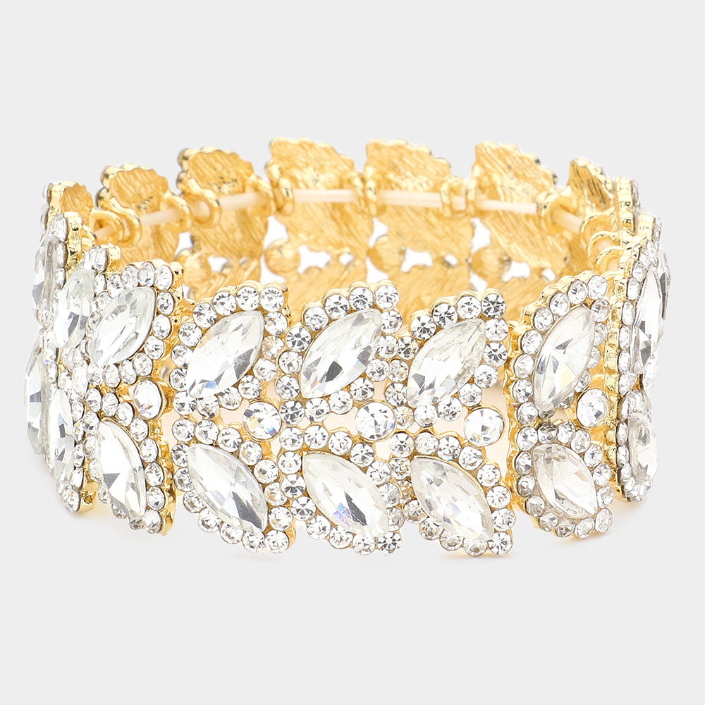 Clear Crystal Marquise Stone Stretch Pageant Bracelet on Gold | Large Bracelet