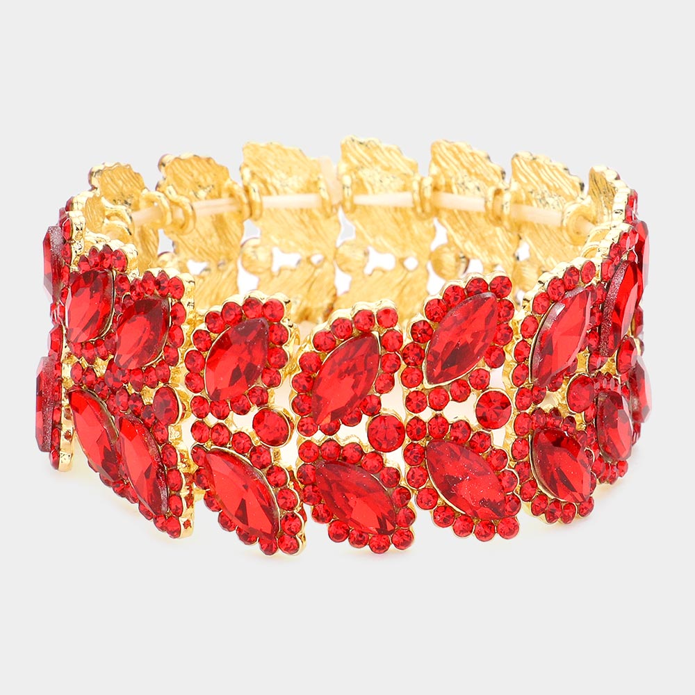 Red Crystal Marquise Stone Stretch Pageant Bracelet  | Large Bracelet