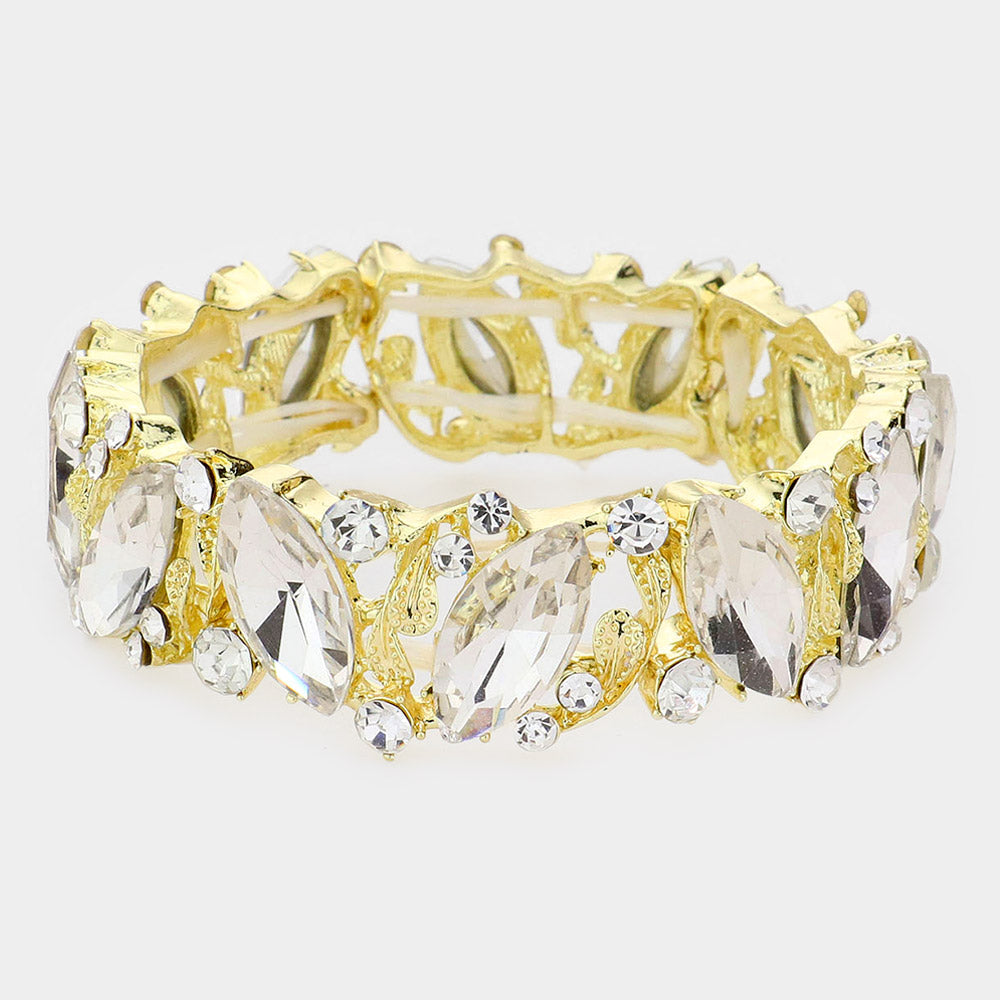 Clear Crystal Marquise Stone Stretch Pageant Bracelet on Gold| Prom Bracelet