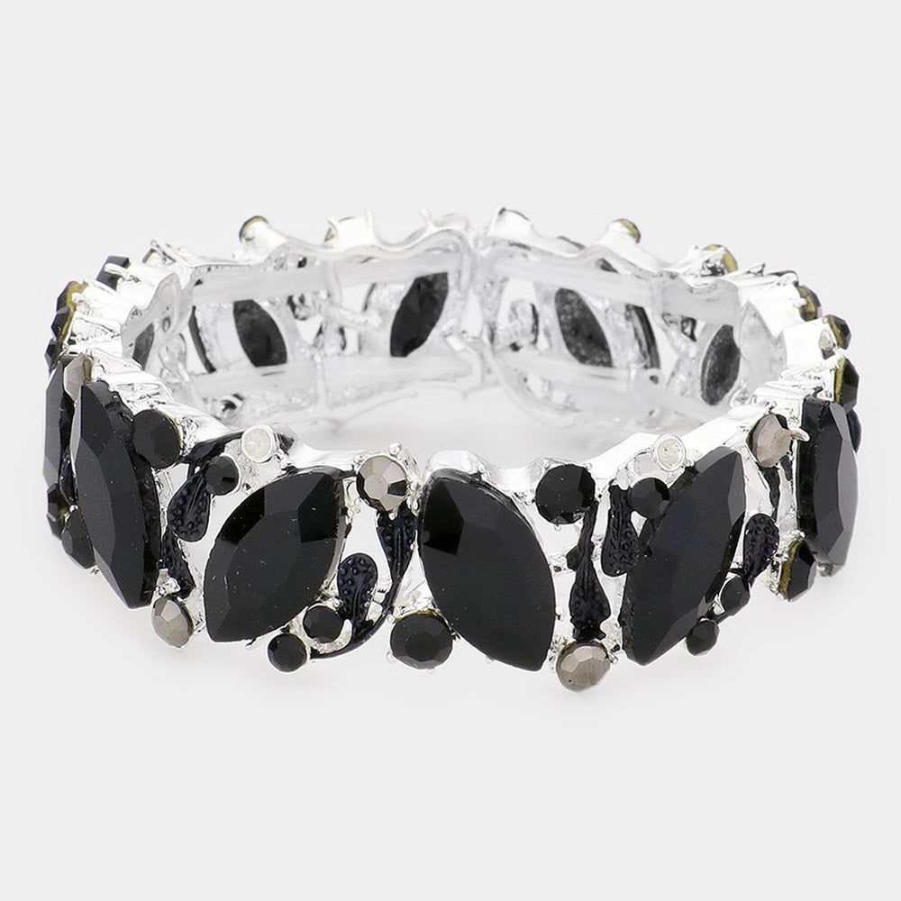 Black Crystal Marquise Stone Stretch Pageant Bracelet | Prom Bracelet