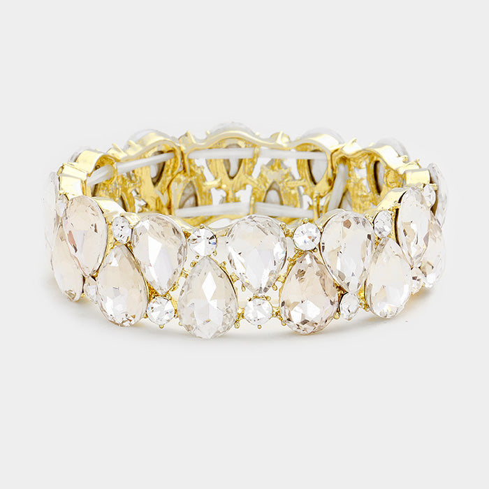 Double Row Clear Crystal Teardrop Stretch Bracelet on Gold