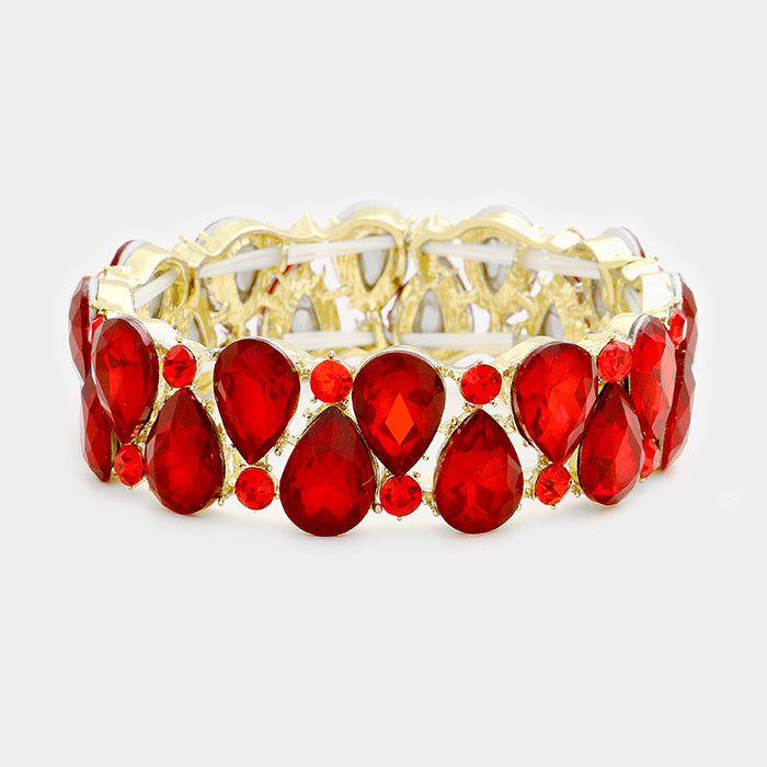 Double Row Red Crystal Teardrop Stretch Bracelet on Gold