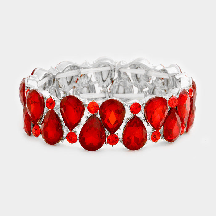 Double Row Red Crystal Teardrop Stretch Bracelet | 389026