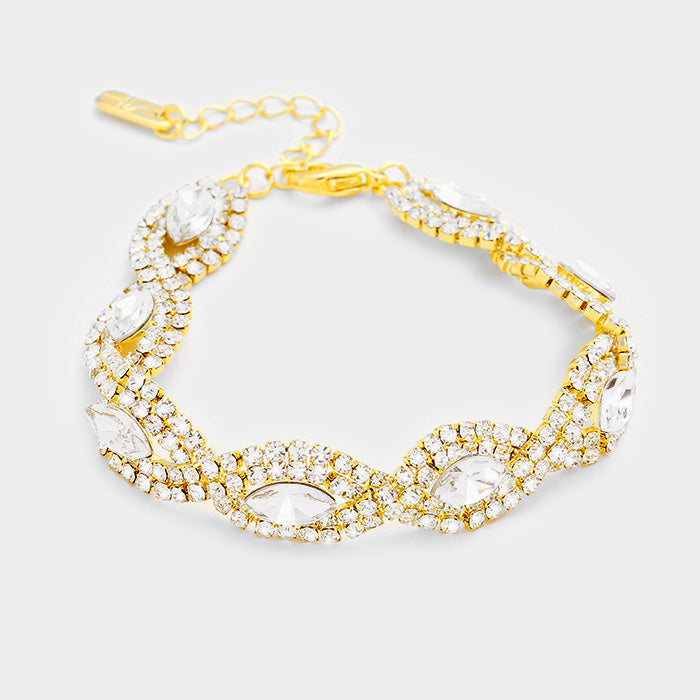 Clear Crystal Rhinestone Oval Stone Pageant Bracelet on Gold | Evening Bracelet 