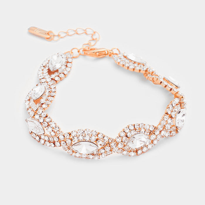 Clear Crystal Rhinestone Oval Stone Pageant Bracelet on Rose Gold | Evening Bracelet 