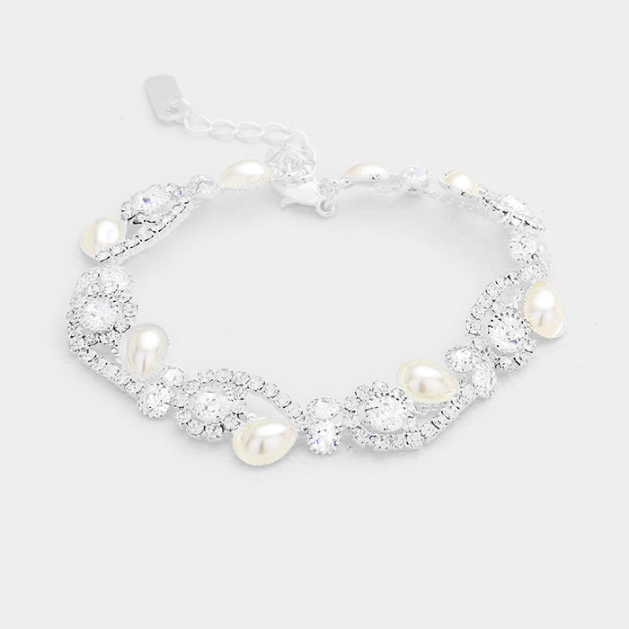 Teardrop Pearl Detail Rhinestone Bridal Bracelet | Wedding Bracelet