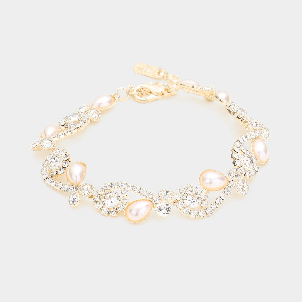 Teardrop Pearl Detail Rhinestone Bridal Bracelet on Gold | Wedding Bracelet