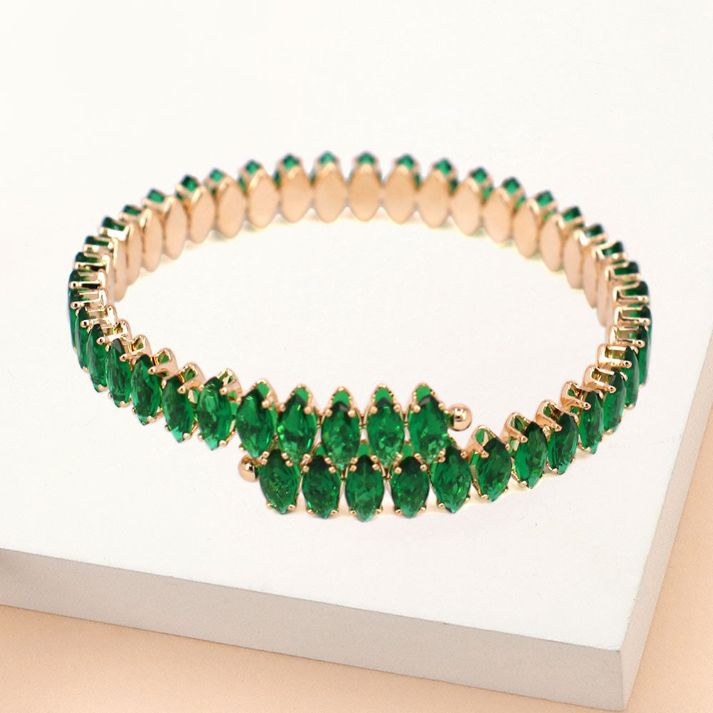 Adjustable Emerald Marquise Stone Pageant Bracelet on Gold | Prom Bracelet