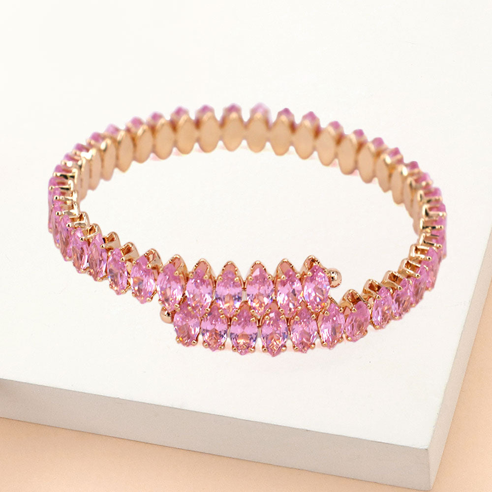 Adjustable Pink Marquise Stone Pageant Bracelet on Gold | Prom Bracelet