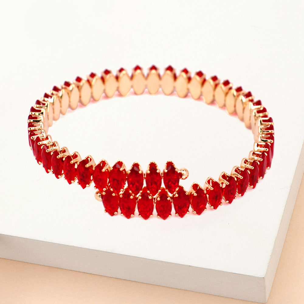 Adjustable Red Marquise Stone Pageant Bracelet on Gold | Prom Bracelet
