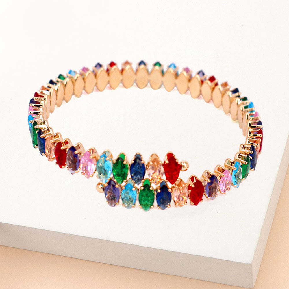 Adjustable Multi-Color Marquise Stone Pageant Bracelet on Gold | Prom Bracelet