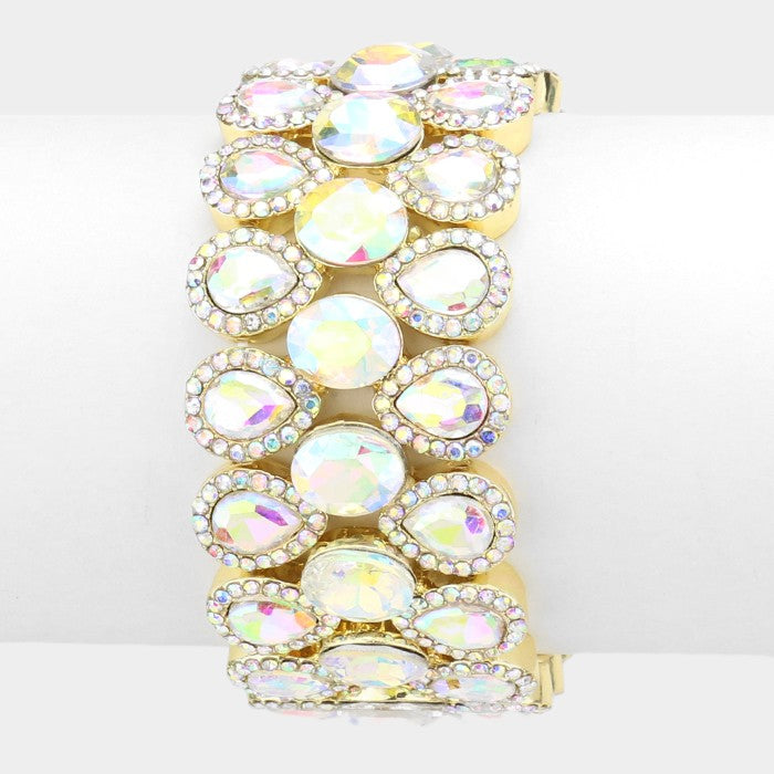 AB triple-row glass crystal stretch evening bracelet on Gold