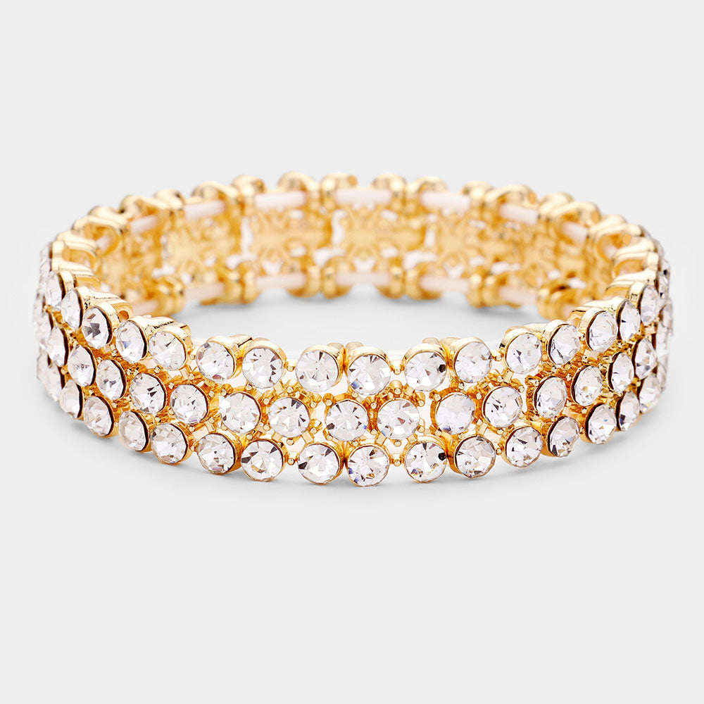 3 Row Clear Crystal Stretch Prom Bracelet | Pageant Bracelet on Gold
