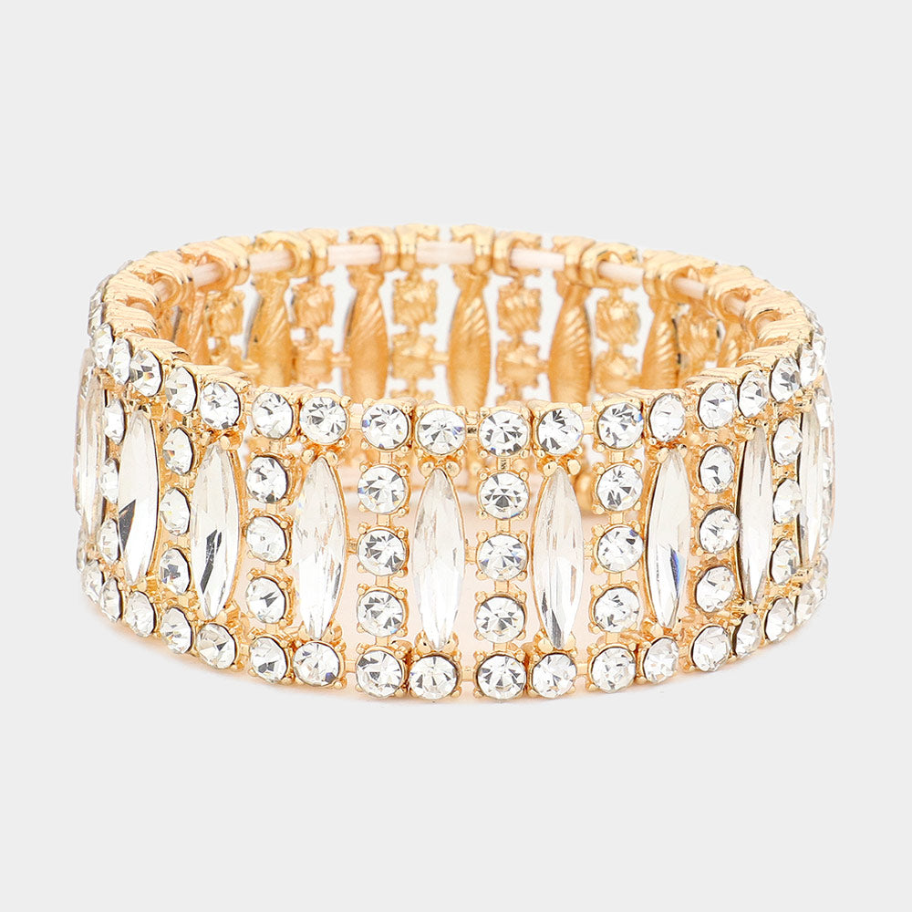 Clear Bubble Stone and Marquise Stretch Pageant Bracelet on Gold | Evening Bracelet