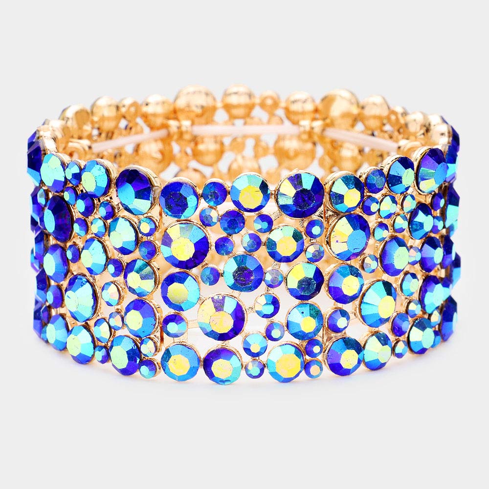 Wide Round Stone Blue Crystal Stretch Bracelet | Pageant Jewelry
