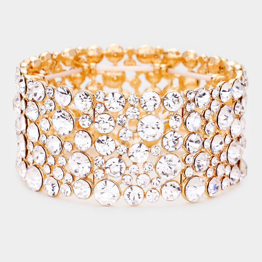 Wide Round Stone Clear Crystal Stretch Bracelet on Gold | Pageant Jewelry