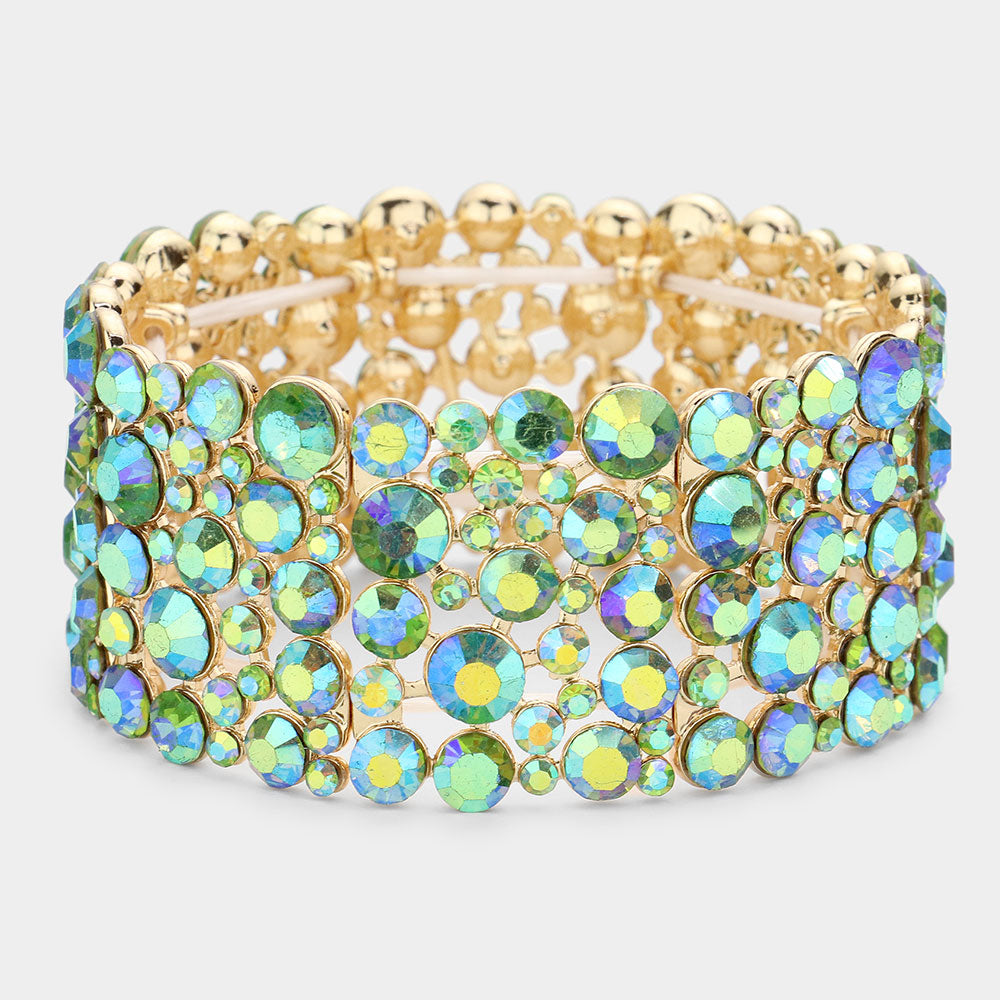 Wide Round Stone AB/Green Crystal Stretch Bracelet | Pageant Jewelry