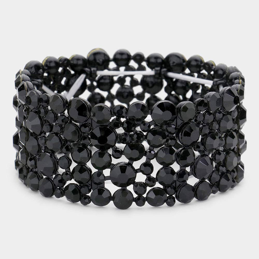 Wide Round Stone Jet Black Crystal Stretch Bracelet | Pageant Jewelry