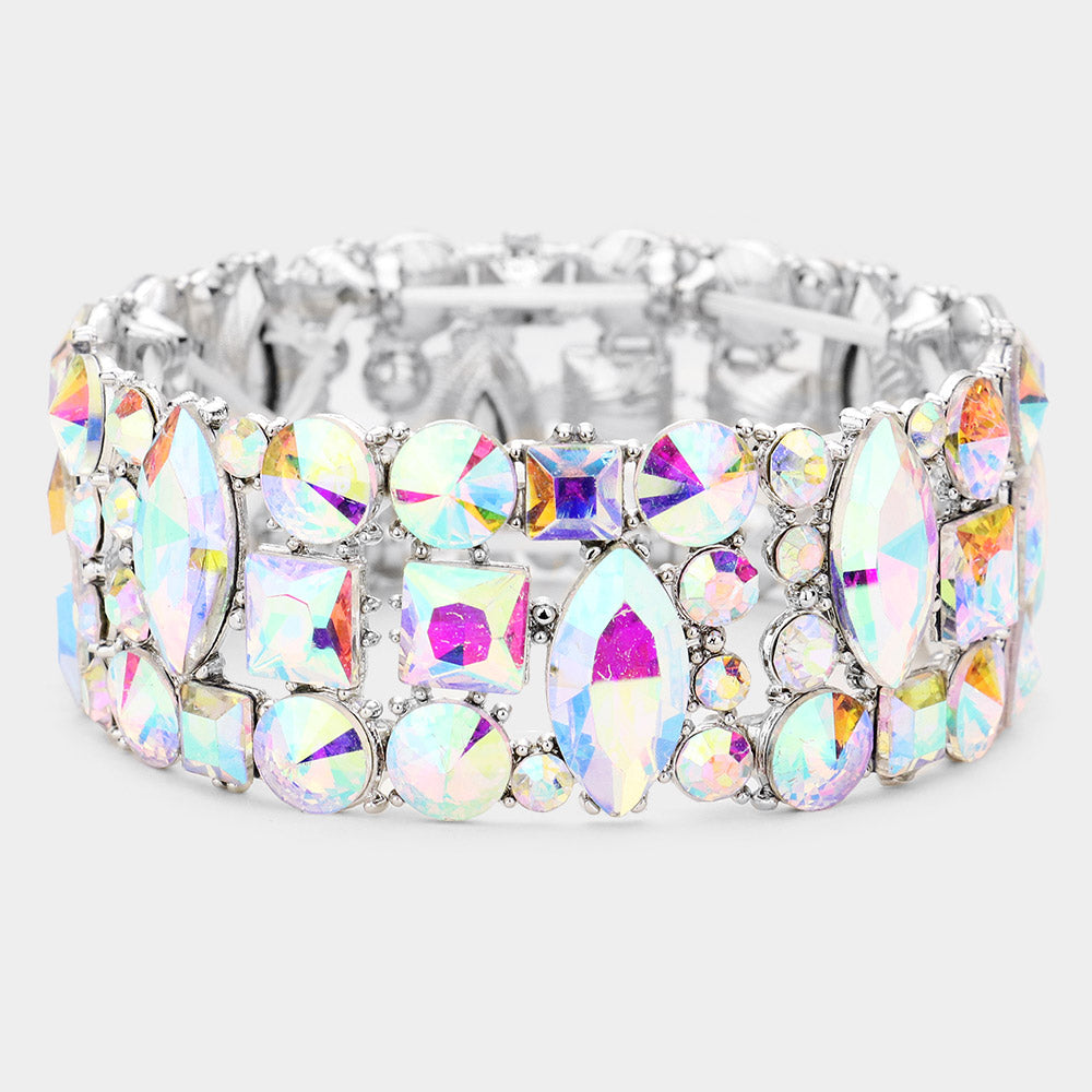 Geometric AB Crystal Stone Cluster Pageant Bracelet  | Prom Jewelry 