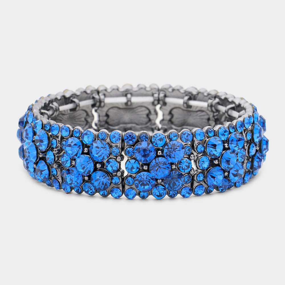 Blue Crystal Bubble Cluster Stretch Pageant Bracelet | Costume Jewelry