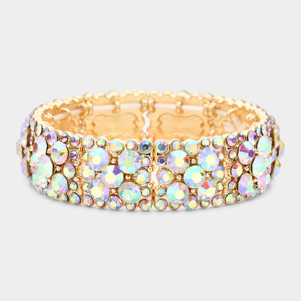 AB Crystal Bubble Cluster Stretch Pageant Bracelet on Gold | Costume Jewelry
