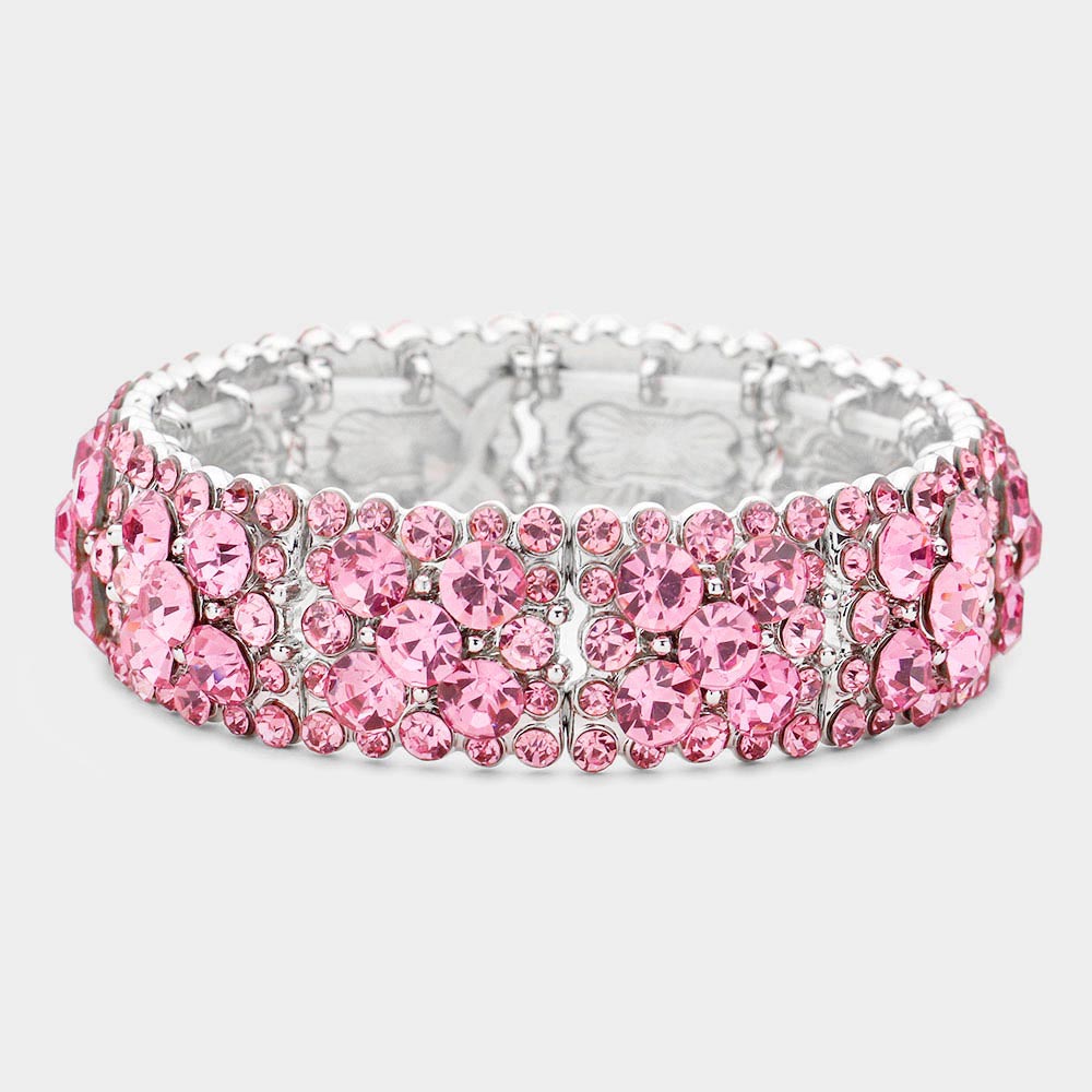Pink Crystal Bubble Cluster Stretch Pageant Bracelet | Costume Jewelry