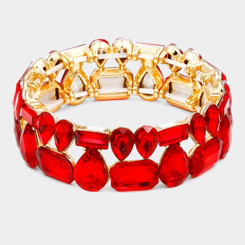 Red Crystal Multi Stone Cluster Stretch Pageant Bracelet | Prom Bracelet