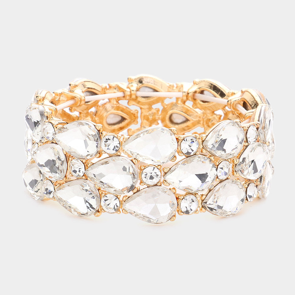 Clear Teardrop Stone Cluster Stretch Pageant Bracelet on Gold | Prom Bracelet | Fashion Bracelet