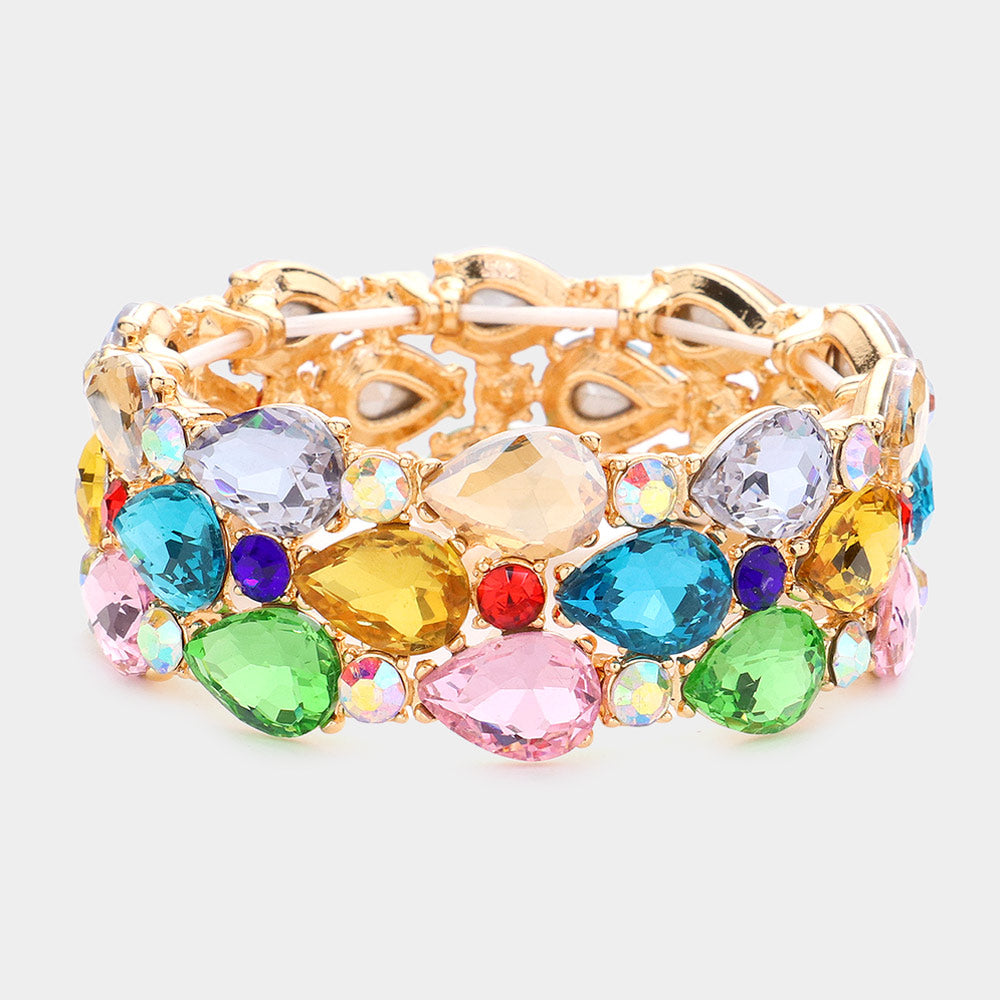 Multi-Color Teardrop Stone Cluster Stretch Pageant Bracelet  | Prom Bracelet | Fashion Bracelet