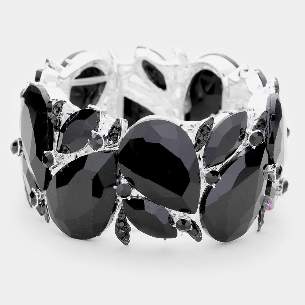 Large Black Crystal Teardrop Stretch Bracelet on Silver