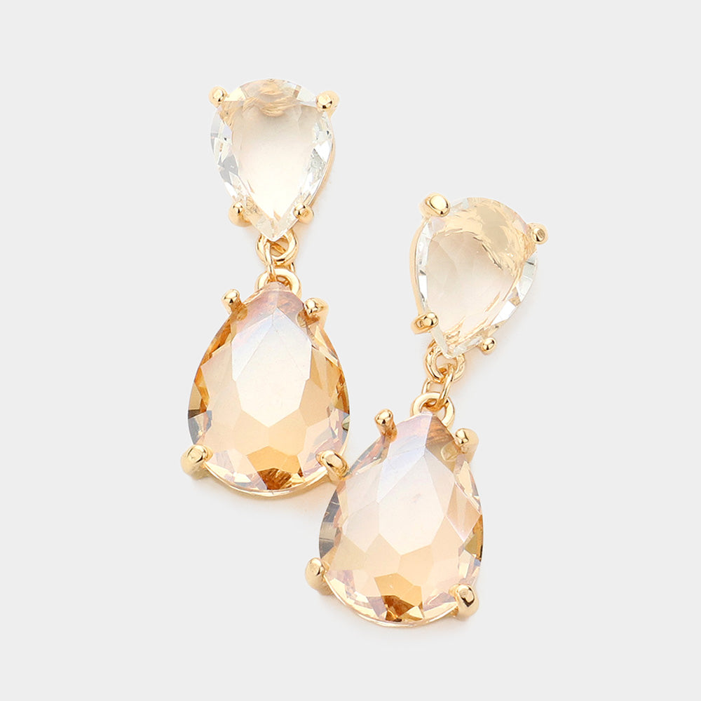 Small Light Topaz/Two Tone Double Teardrop Dangle Pageant Earrings | Interview Earrings