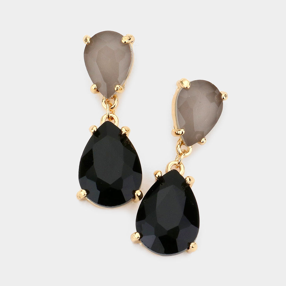 Small Two Tone Black Double Teardrop Dangle Pageant Earrings | Interview Earrings 
