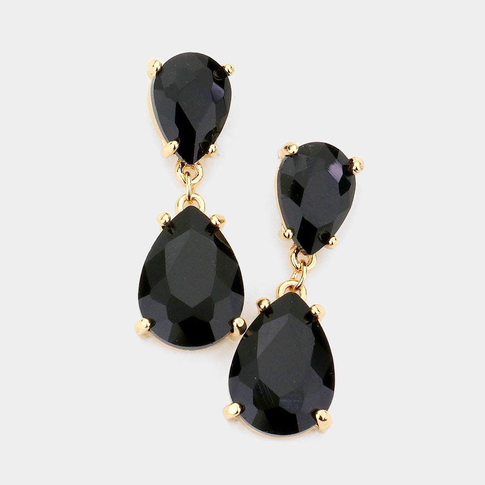 Small Black Double Teardrop Dangle Pageant Earrings | Interview Earrings 
