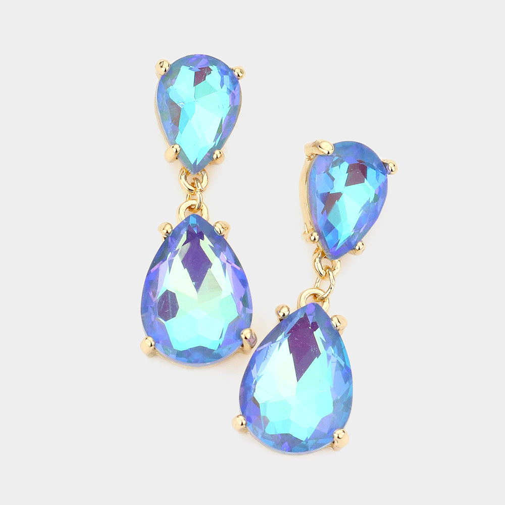 Small Aqua AB Double Teardrop Dangle Pageant Earrings  | Interview Earrings | 569760