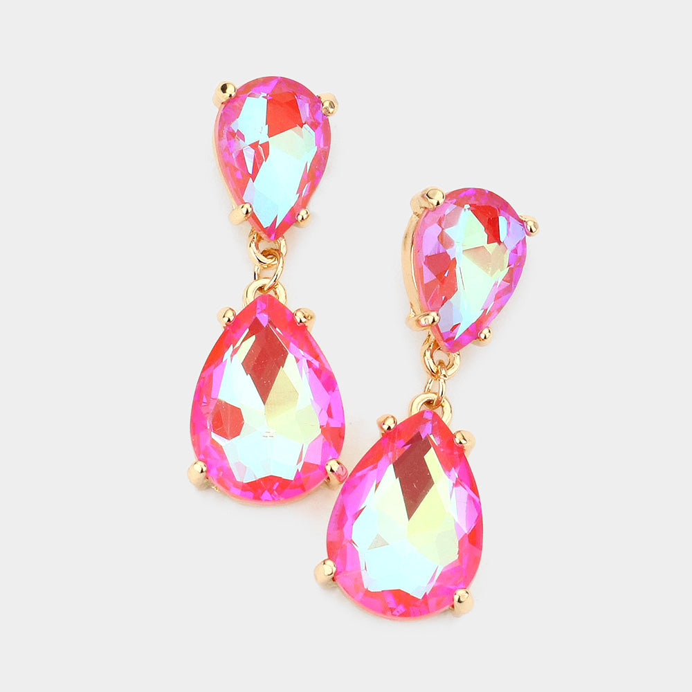 Small Coral AB Double Teardrop Dangle Pageant Earrings | Interview Earrings