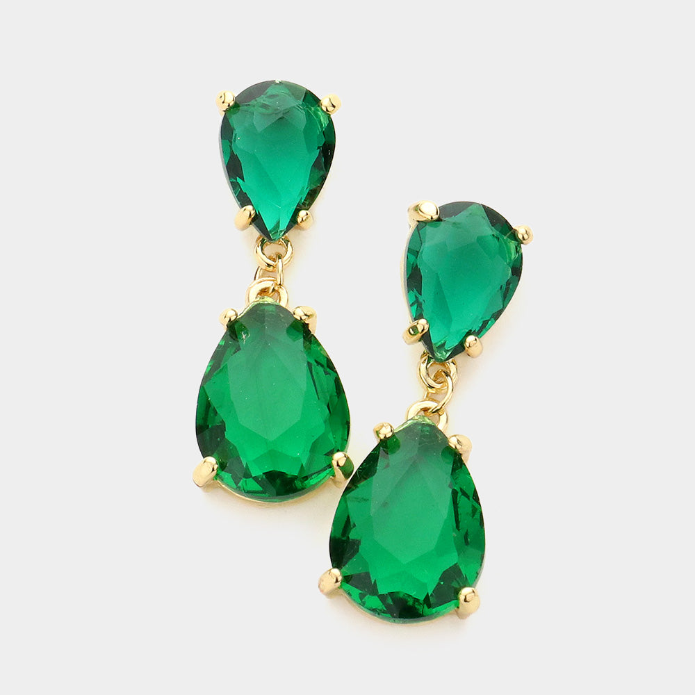 Small Emerald Double Teardrop Dangle Pageant Earrings | Interview Earrings 